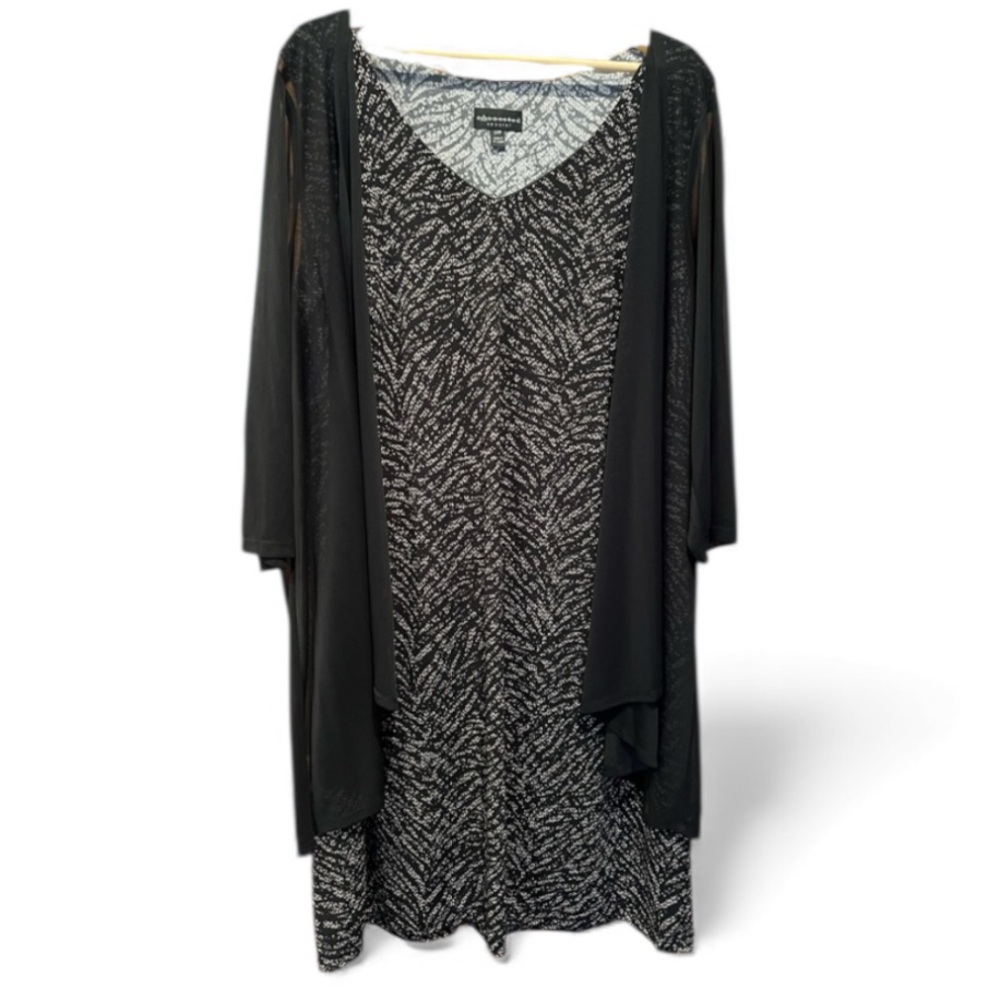 Connected Apparel MIDI Black and Tan Patterned Dress with Sheer Cardigan, 20W